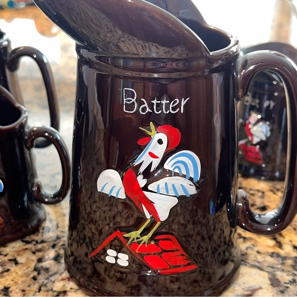 Vintage Rooster Breakfast Batter Set. Redware Pottery-4 Piece Set